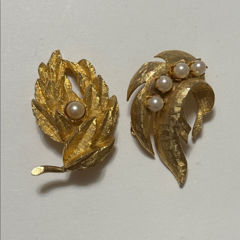 Vintage Gold Leaf Real Pearl Brooch Set 🍂